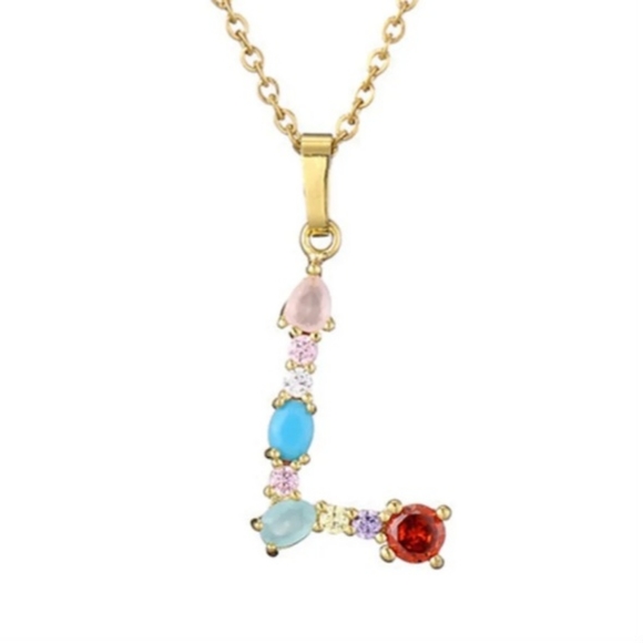 L Letter Pendant Necklace Multicolor Rhinestones Gold Tone Chain - Picture 1 of 16